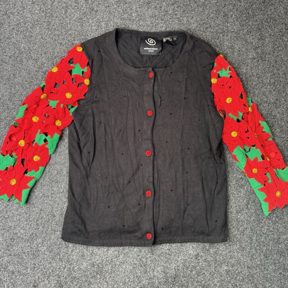 Michael Simon Events Christmas Cardigan M Poinsettia 3D Applique Novelty Sweater
